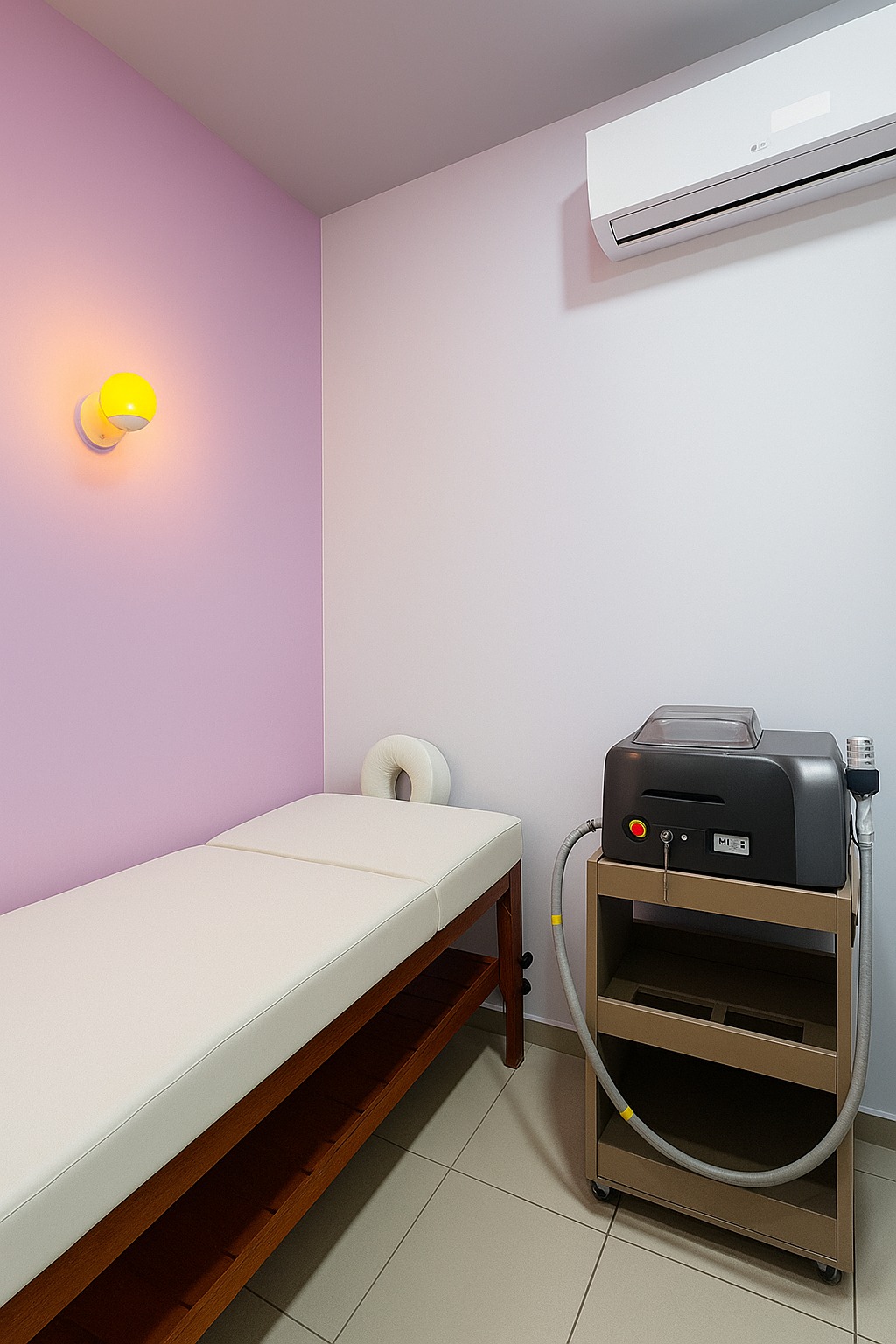 Sala de tratamento da Clínica Dudepyl com equipamento de depilação a laser e maca profissional